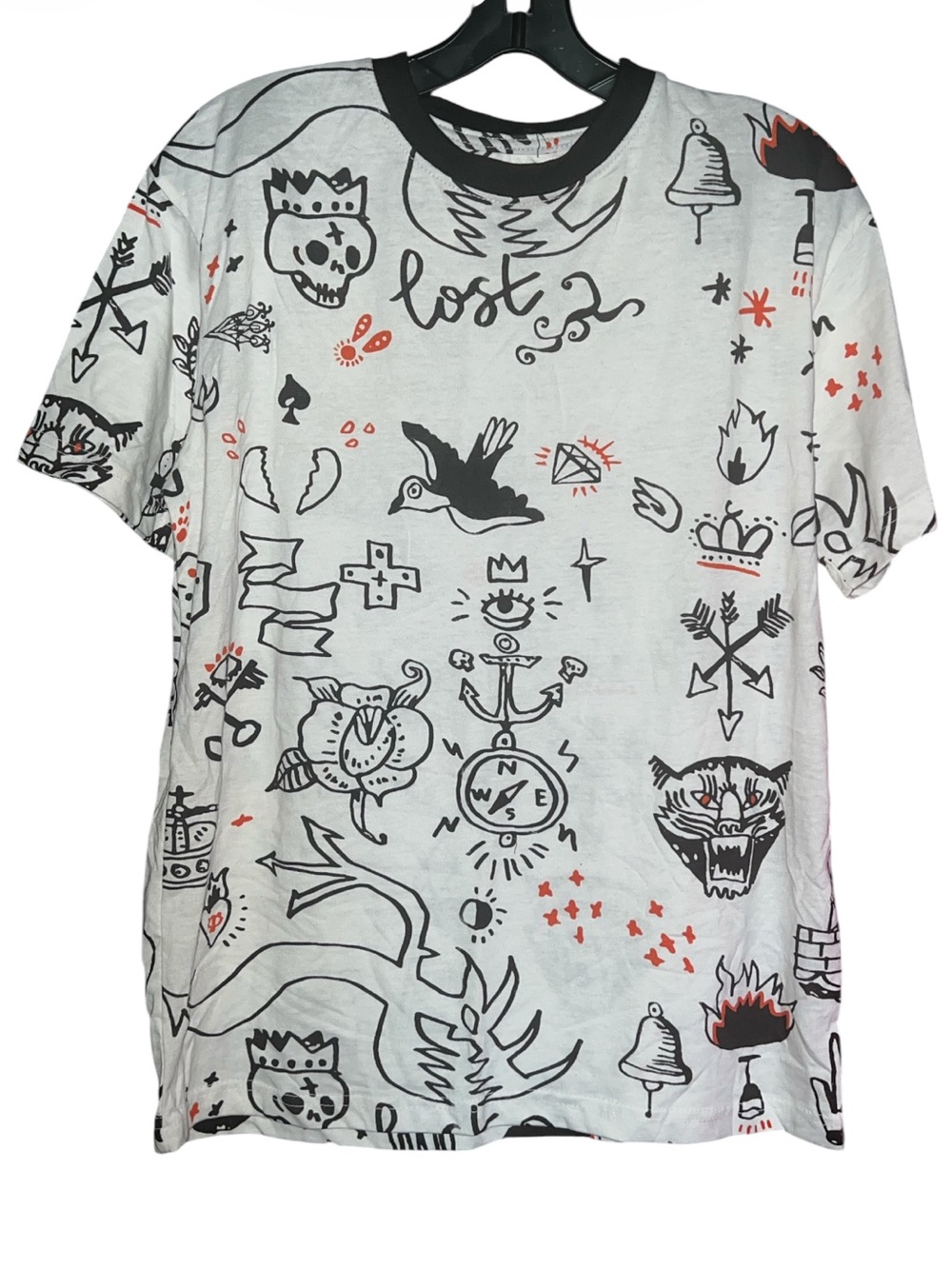 Graphic Tattoo Style Tee T-Shirt in White, Black & Coral size S
